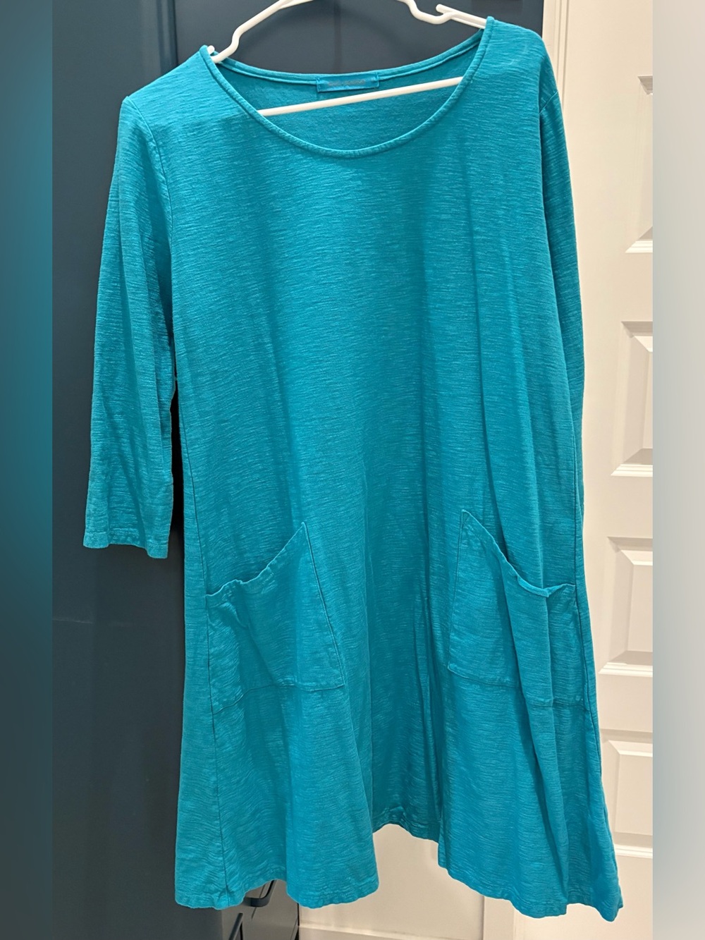 Cut Loose Linen Cotton Jersey Scoopneck 3/4 Sleeve Pocket Dress, Bahama, Large